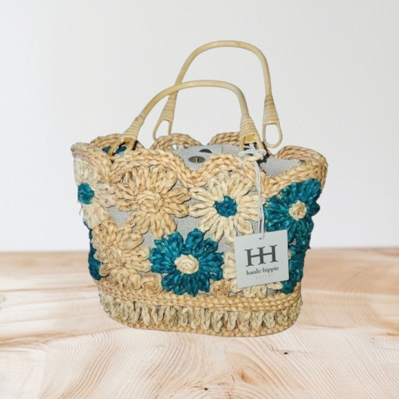 Haute Hippie Handbags - NWT Haute Hippie Natural/Teal Floral Accent Straw Bag Cottagecore, Boho, Beachy